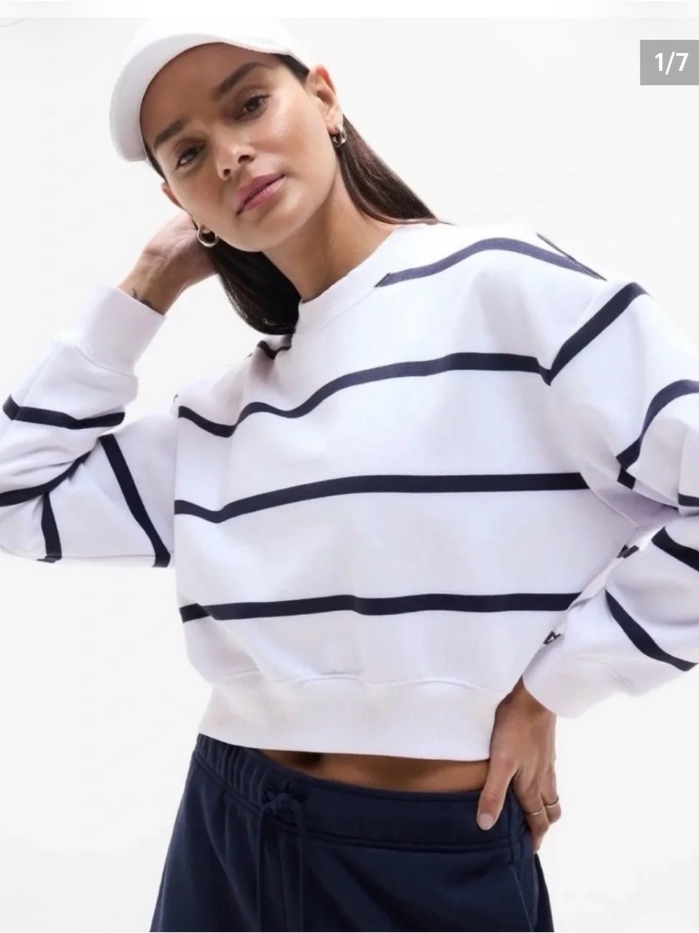 Athleta White Heavyweight Terry Ultra Crop Crew Sweatshirt with Navy Stripes